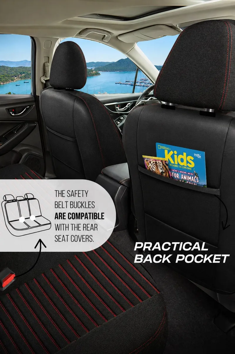 Комплект луксозна универсална тапицерия PANDA DETROIT – Еко кожа и текстил, Черно/Червено, За предни и задни седалки - 6