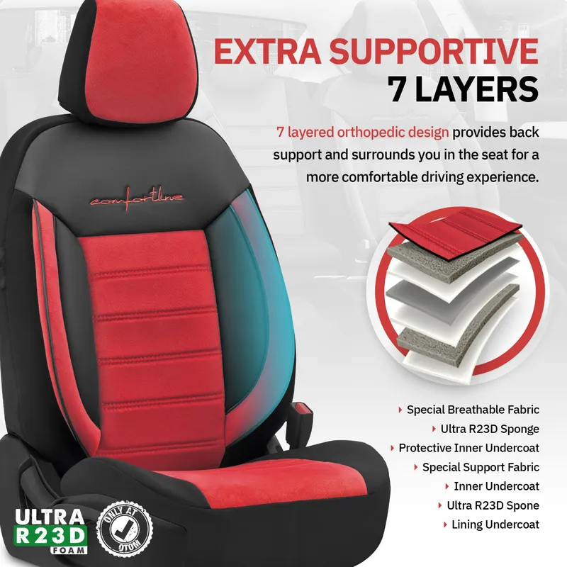 Комплект Луксозна Тапицерия OTOM текстил с еко кожа COMFORT LINE Design – Червено-Черна с червен шев, за Предни и Задни Седалки - 6
