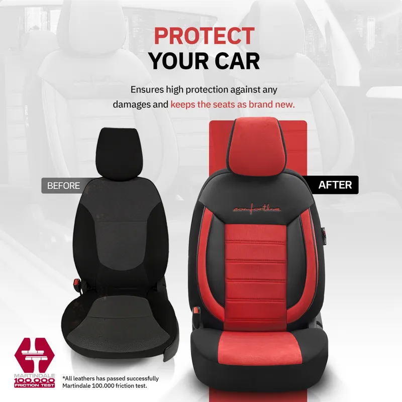 Комплект Луксозна Тапицерия OTOM текстил с еко кожа COMFORT LINE Design – Червено-Черна с червен шев, за Предни и Задни Седалки - 7