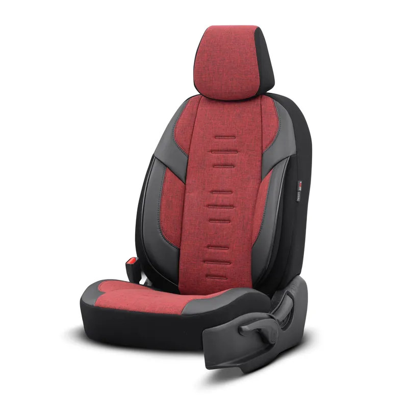 Комплект Луксозна Тапицерия OTOM текстил с еко кожа THRONE Design – Червено-Черна с черен шев, за Предни и Задни Седалки - 7