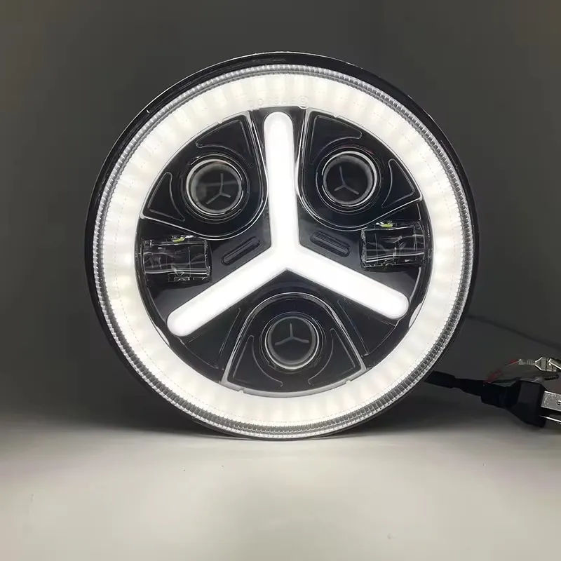 Комплект от 2бр. универсален 7 инча 18см ЛЕД LED фар лампа халоген 12V-24V къси/дълги с DRL дневни светлини мигач бяло-жълто 7000lm за АТВ джип мотоциклет камион трактор и др. - 7