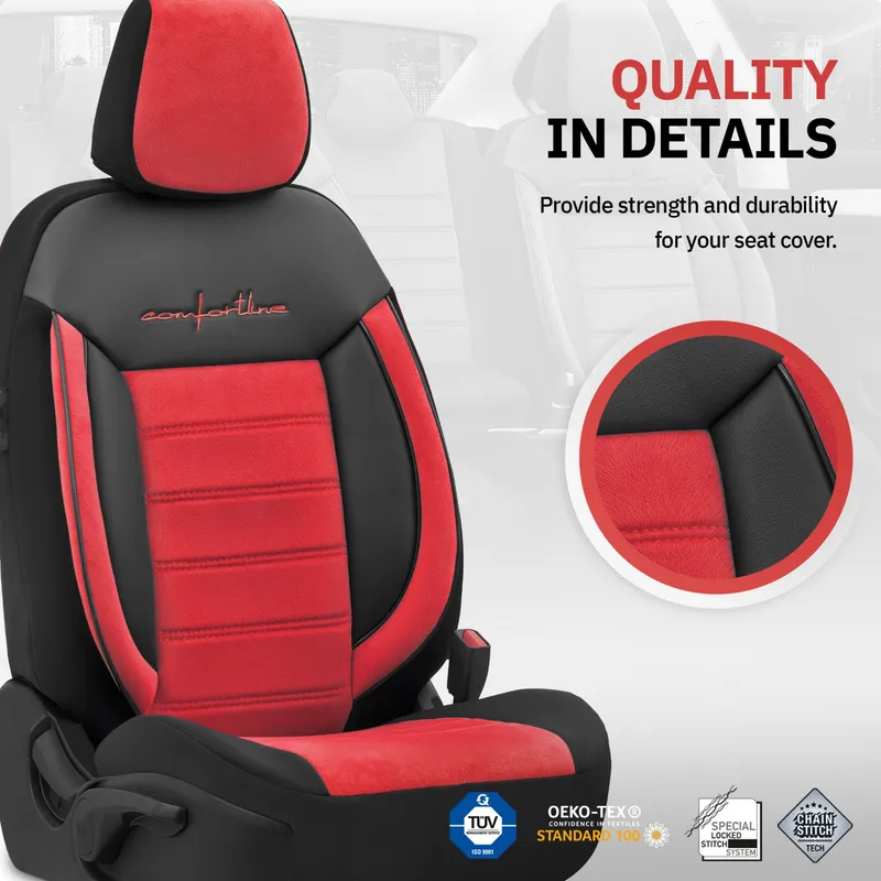 Комплект Луксозна Тапицерия OTOM текстил с еко кожа COMFORT LINE Design – Червено-Черна с червен шев, за Предни и Задни Седалки - 8