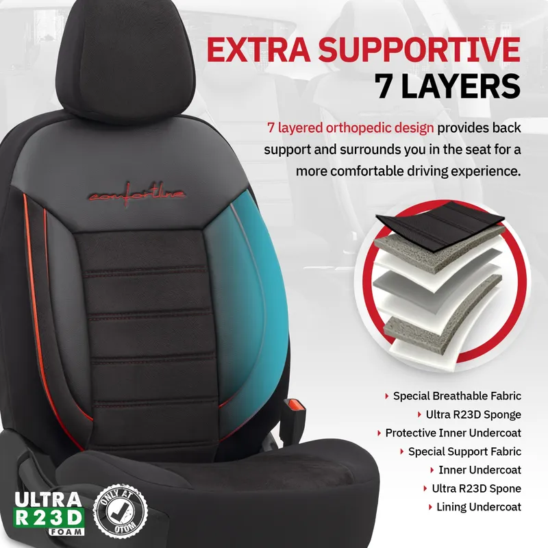 Комплект Луксозна Тапицерия OTOM текстил с еко кожа COMFORT LINE Design – Черна с червен шев, за Предни и Задни Седалки - 8
