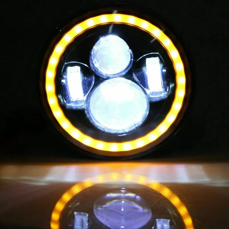 Универсален 7 инча 18см ЛЕД LED фар лампа халоген 12V-24V къси/дълги с DRL дневни светлини мигач бяло-жълто 6500lm за АТВ джип мотоциклет камион трактор и др. - 8
