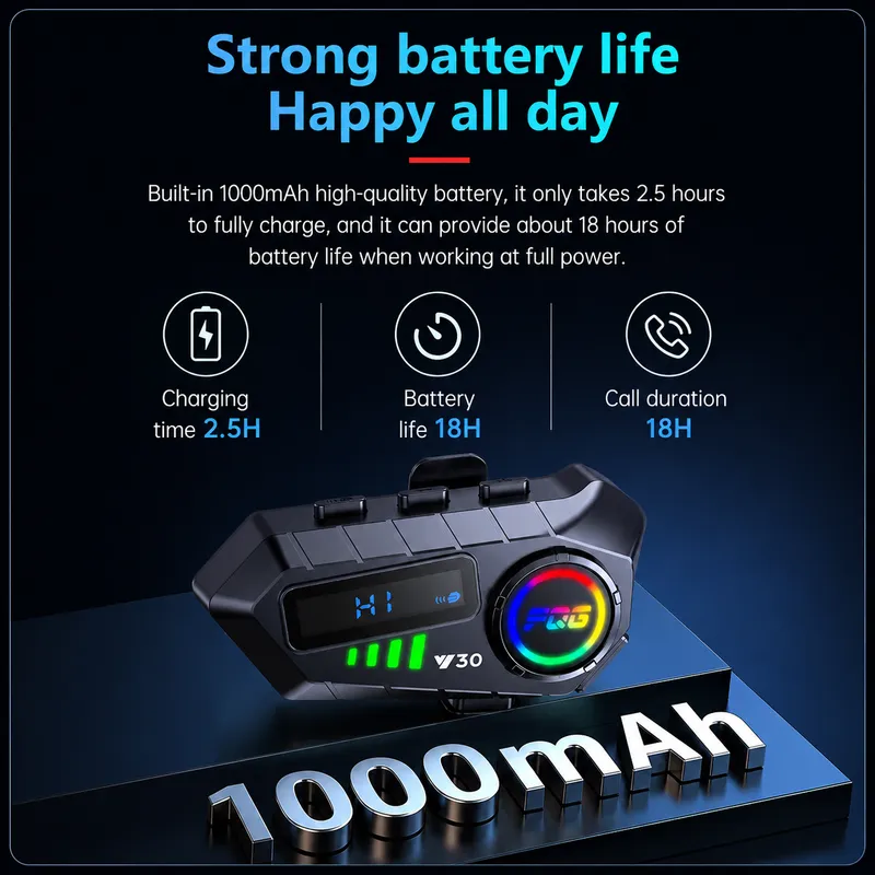 Комплект 2 бр. Интеркоми за каска Bluetooth 6.0, сдвояване помежду им, CVC + DSP шумопотискане, LED дисплей, IPX6, батерия 1000 mAh - 8