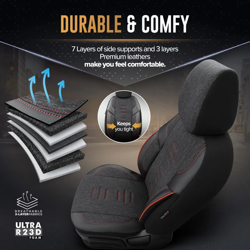 Комплект Луксозна Тапицерия OTOM текстил с еко кожа THRONE Design – Черна с червен шев, за Предни и Задни Седалки - 8
