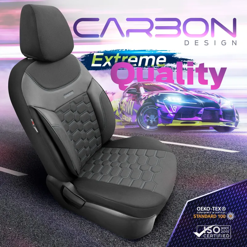 Комплект Луксозна Тапицерия OTOM текстил с еко кожа CARBON Design – Черна със сив шев, за Предни и Задни Седалки - 8