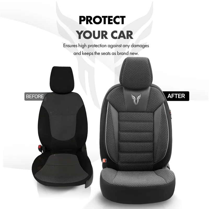 Комплект Луксозна Тапицерия OTOM текстил с еко кожа TORO Design – Черна със сив шев, за Предни и Задни Седалки - 8