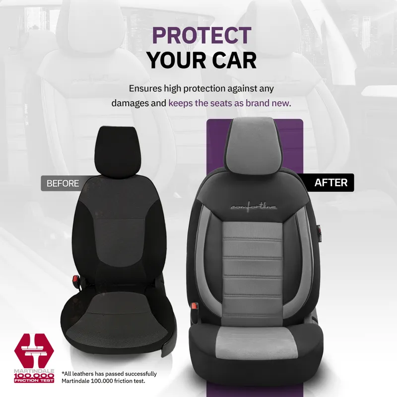 Комплект Луксозна Тапицерия OTOM текстил с еко кожа COMFORT LINE Design – Сиво-Черна със сив шев, за Предни и Задни Седалки - 8