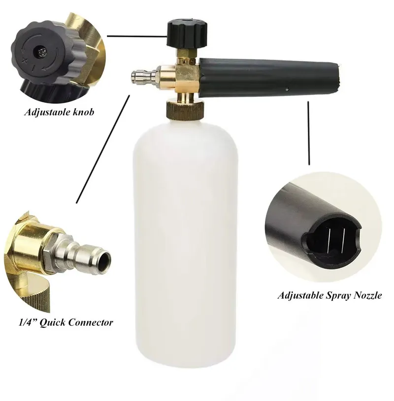 Професионална пянообразуваща дюза 1 л за водоструйка, Foam Cannon, Quick Connect 1/4 - регулиране на струята и концентрацията на пяната, 5 дюзи в комплекта - 8