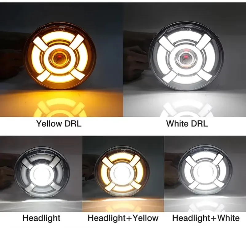 Универсален 7 инча 18см ЛЕД LED фар лампа халоген 12V-24V къси/дълги с DRL дневни светлини мигач бяло-жълто 4800lm за АТВ джип мотоциклет камион трактор и др. - 14