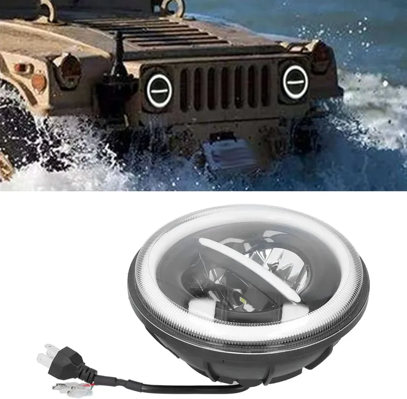 Универсален 7 инча 18см ЛЕД LED фар лампа халоген 12V-24V къси/дълги с DRL дневни светлини мигач бяло-жълто 7500lm за АТВ джип мотоциклет камион трактор и др. - 2