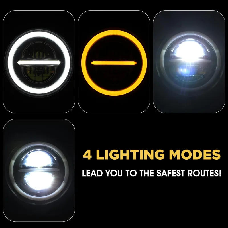 Универсален 7 инча 18см ЛЕД LED фар лампа халоген 12V-24V къси/дълги с DRL дневни светлини мигач бяло-жълто 7500lm за АТВ джип мотоциклет камион трактор и др. - 8
