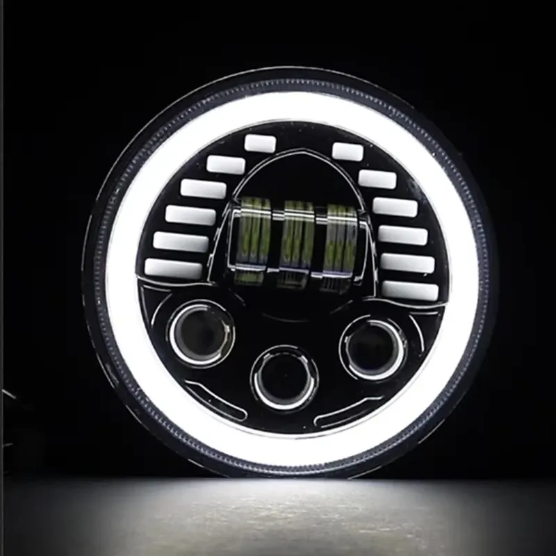 Универсален 7 инча 18см ЛЕД LED фар лампа халоген 12V-24V къси/дълги с DRL дневни светлини мигач бяло-жълто 7000lm за АТВ джип мотоциклет камион трактор и др. - 4
