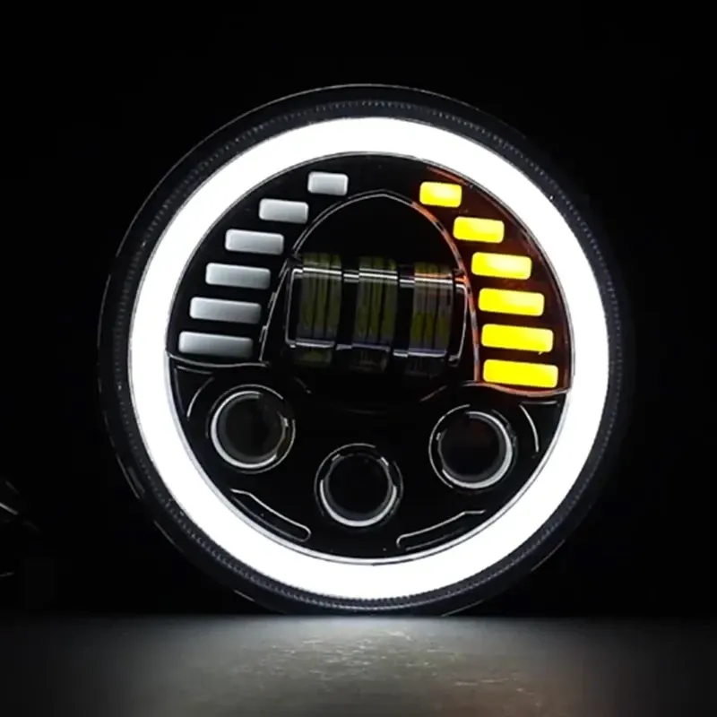 Универсален 7 инча 18см ЛЕД LED фар лампа халоген 12V-24V къси/дълги с DRL дневни светлини мигач бяло-жълто 7000lm за АТВ джип мотоциклет камион трактор и др. - 6