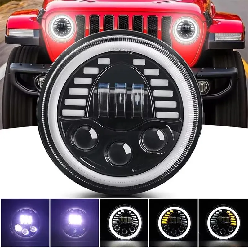 Универсален 7 инча 18см ЛЕД LED фар лампа халоген 12V-24V къси/дълги с DRL дневни светлини мигач бяло-жълто 7000lm за АТВ джип мотоциклет камион трактор и др. - 0