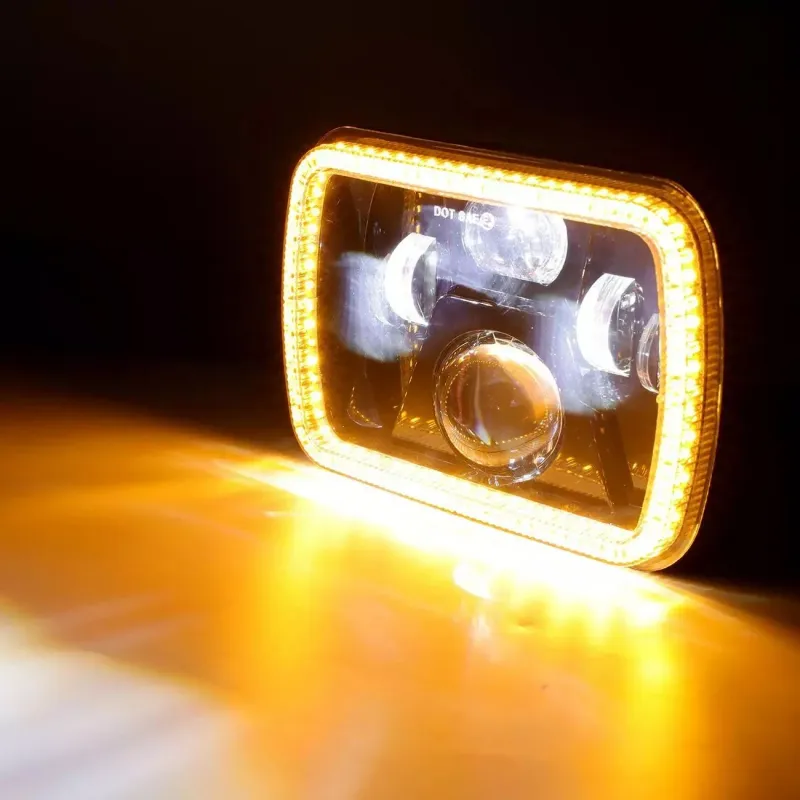 Универсален 60W ЛЕД LED фар лампа халоген 12V-24V къси/дълги с DRL дневни светлини мигач бяло-жълто 20 x 14cm за АТВ джип мотоциклет камион трактор и др. - 2