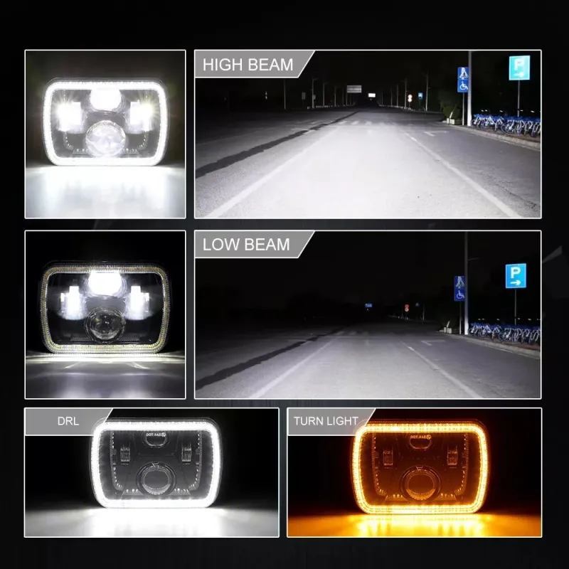 Универсален 60W ЛЕД LED фар лампа халоген 12V-24V къси/дълги с DRL дневни светлини мигач бяло-жълто 20 x 14cm за АТВ джип мотоциклет камион трактор и др. - 6