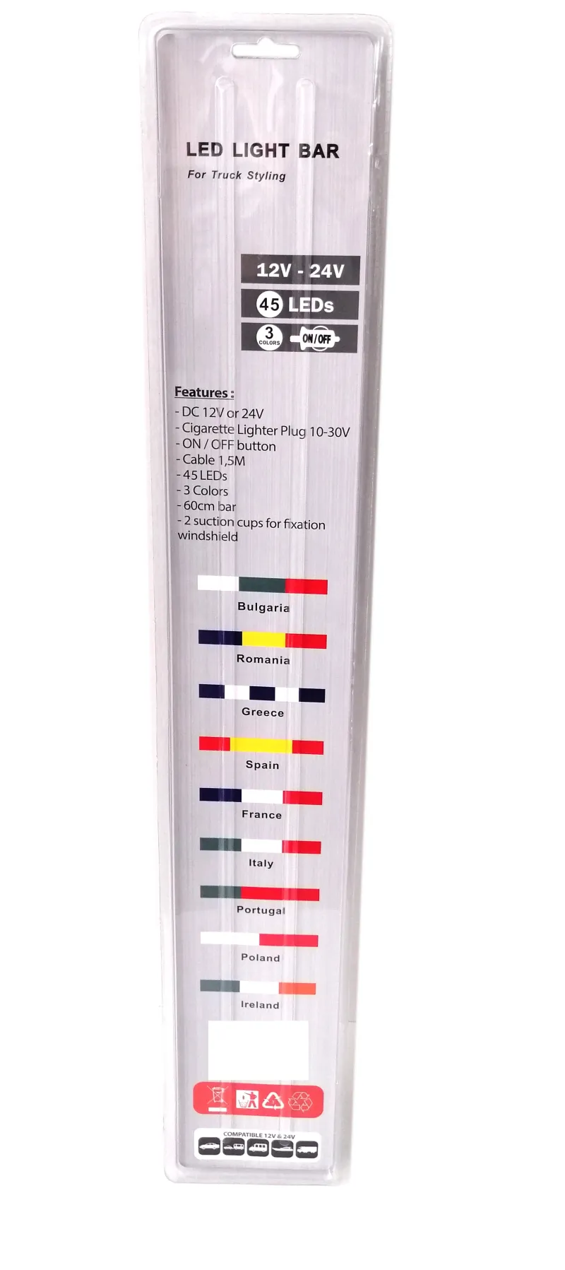 Светещ лед бар 60 cm 45 LED 12V - 24V синьо-бяло-червено FR France Croatia Holland флаг знаме Франция Хърватска Холандия - 1