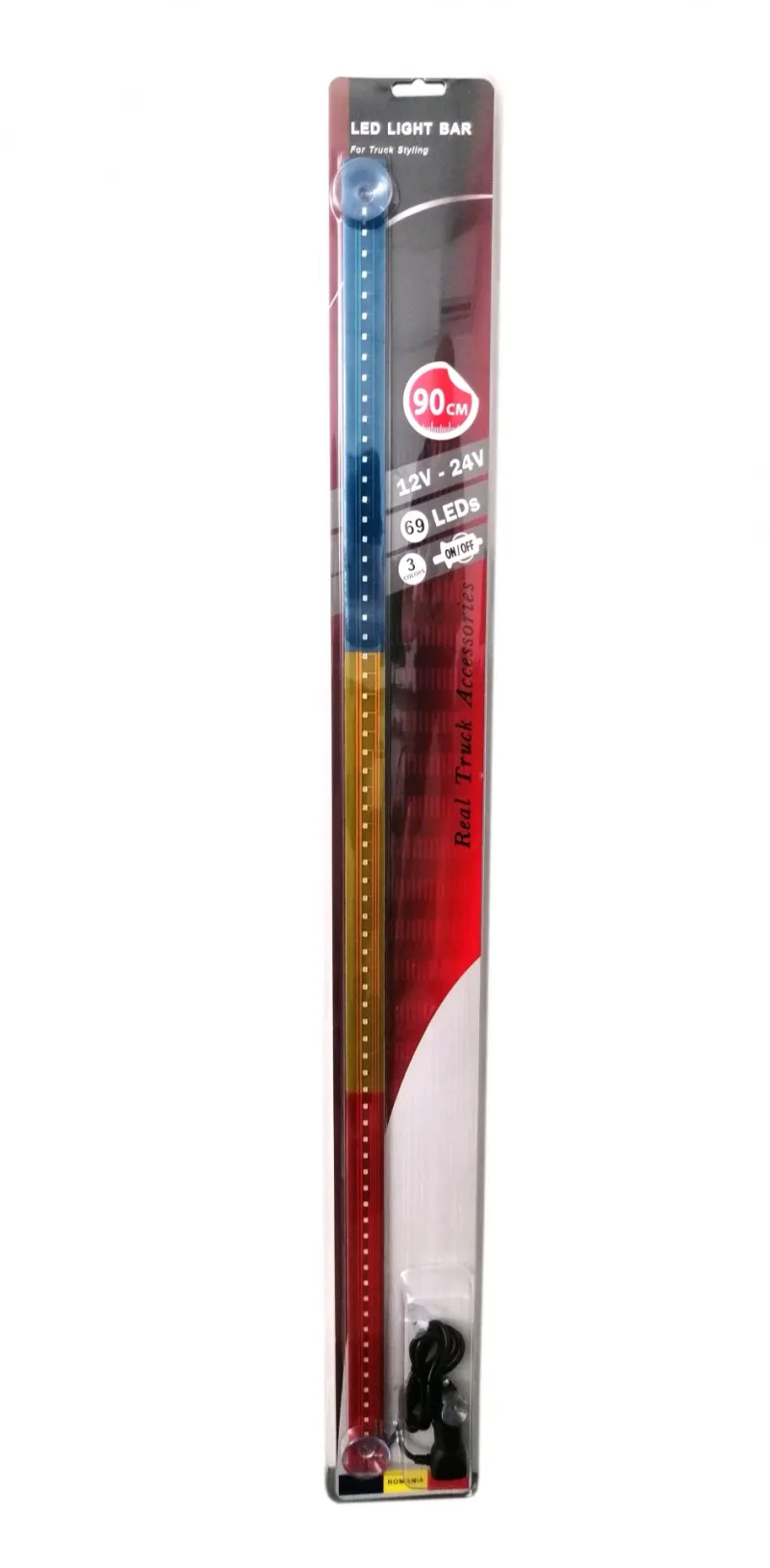 Светещ лед бар 90 cm 69 LED 12V - 24V синьо-жълто-червено RO Romania флаг знаме Румъния - 0