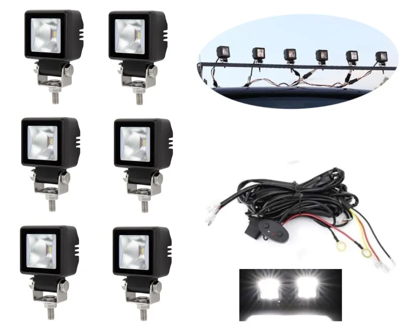 Комплект от 6 броя Лед LED Халогени Лампи с окабеляване Бяла Flood + Бяла DRL Светлина 12V - 24V за Off Road 4X4 SUV джип мотор автомобил камион градина и др. - 0