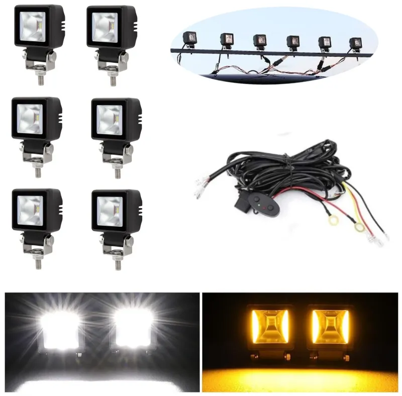 Комплект от 6 броя Лед LED Халогени Лампи с окабеляване Бяла Flood + Оранжева DRL Светлина 12V - 24V за Off Road 4X4 SUV джип мотор автомобил камион градина и др. - 0