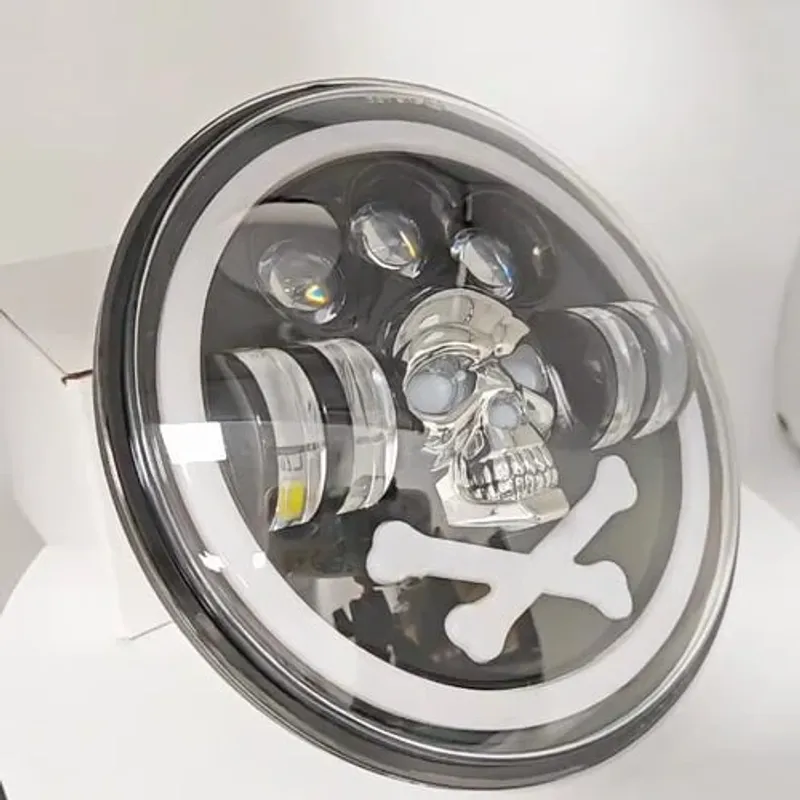 Универсален 7 инча 18см ЛЕД LED фар халоген 12V-24V къси/дълги с DRL дневни светлини мигач бяло-жълто и череп с RGB подсветка с 6 различни цвята за АТВ джип мотоциклет камион трактор и др. - 14