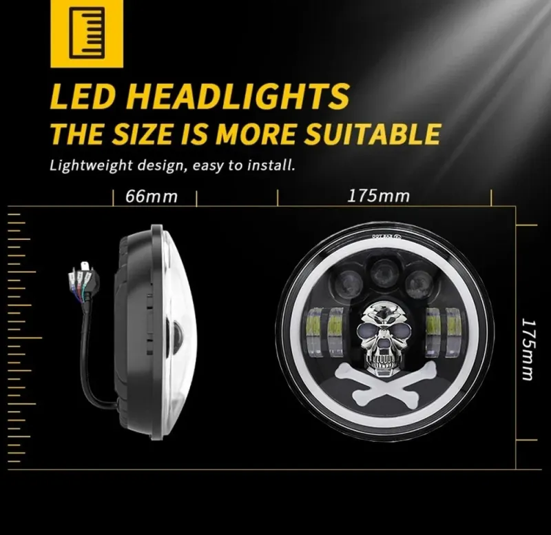 Универсален 7 инча 18см ЛЕД LED фар халоген 12V-24V къси/дълги с DRL дневни светлини мигач бяло-жълто и череп с RGB подсветка с 6 различни цвята за АТВ джип мотоциклет камион трактор и др. - 7