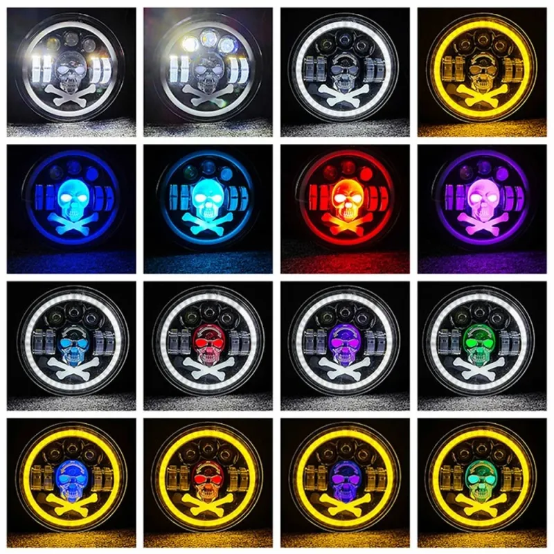 Универсален 7 инча 18см ЛЕД LED фар халоген 12V-24V къси/дълги с DRL дневни светлини мигач бяло-жълто и череп с RGB подсветка с 6 различни цвята за АТВ джип мотоциклет камион трактор и др. - 10