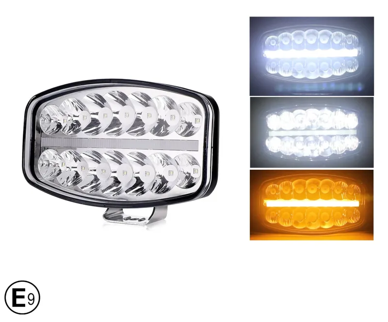 80W LED Лед Фар Халоген с DRL дневни светлини габарит бяло - оранжево неон ефект 24,5см x 13,9см, 4100lm, 12V - 24V, E-Mark Подходящ За DAF MAN Scania Volvo и др. - 9