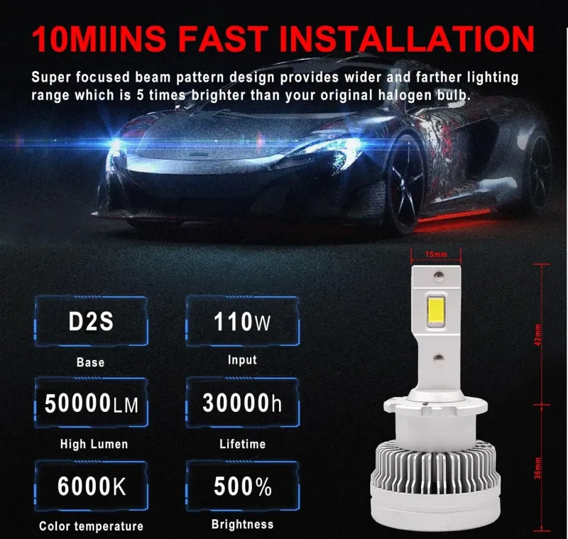 Комплект от 2 броя LED ЛЕД диодни крушки D2S за xenon 12-24V 50000lm Canbus без грешки 6000K - 5