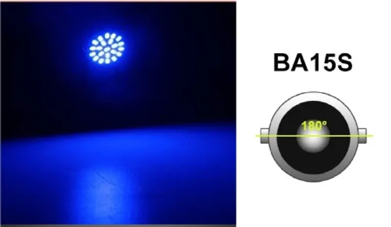 LED Лед Крушки, 22 SMD, BA15S 1156 (P21W), Срещуположни пинове (180°), Opposite, 12V, Синя Светлина - 0