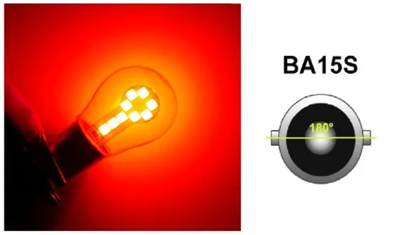 LED Лед Крушки, 18 SMD, BA15S 1156 (P21W), Срещуположни пинове (180°), Opposite, 12V, Червена Светлина - 0