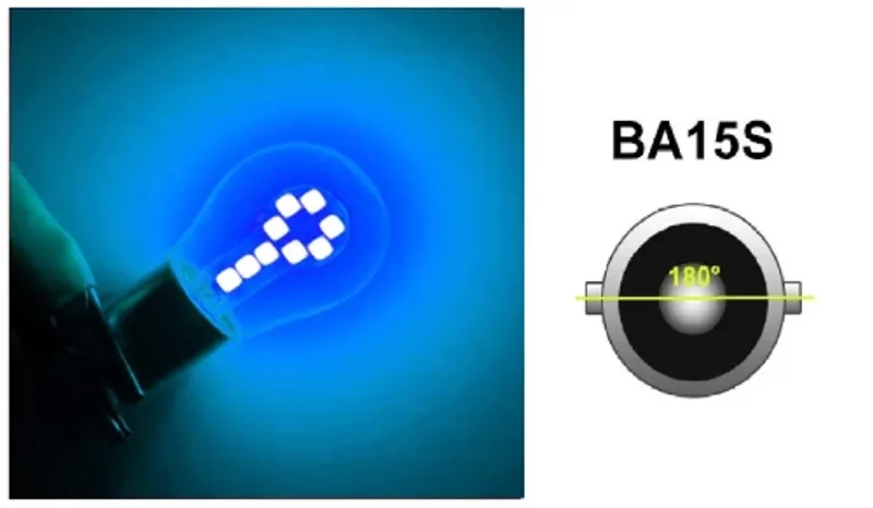 LED Лед Крушки, 18 SMD, BA15S 1156 (P21W), Срещуположни пинове (180°), Opposite, 12V, Синя Светлина - 0