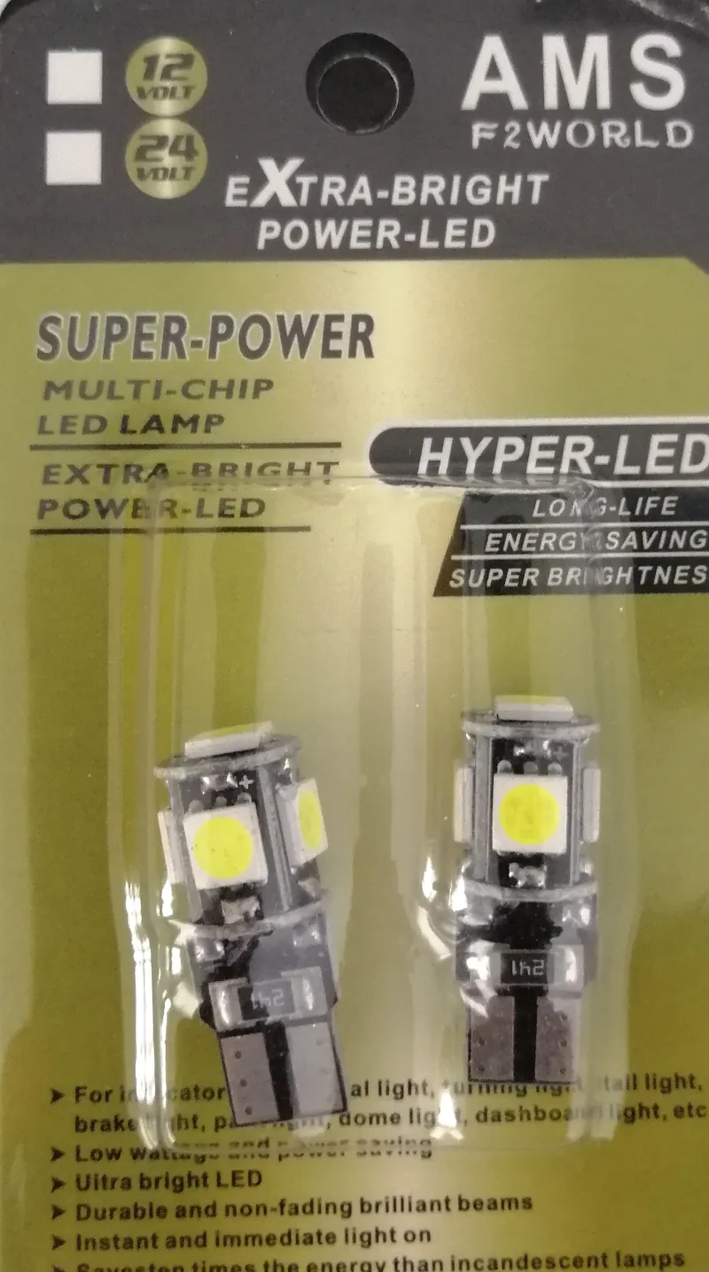 Комплект от 2 броя Лед Крушки За Габарит Т10 W5W LED 5 SMD Canbus 12V Бяла Светлина в блистер - 2