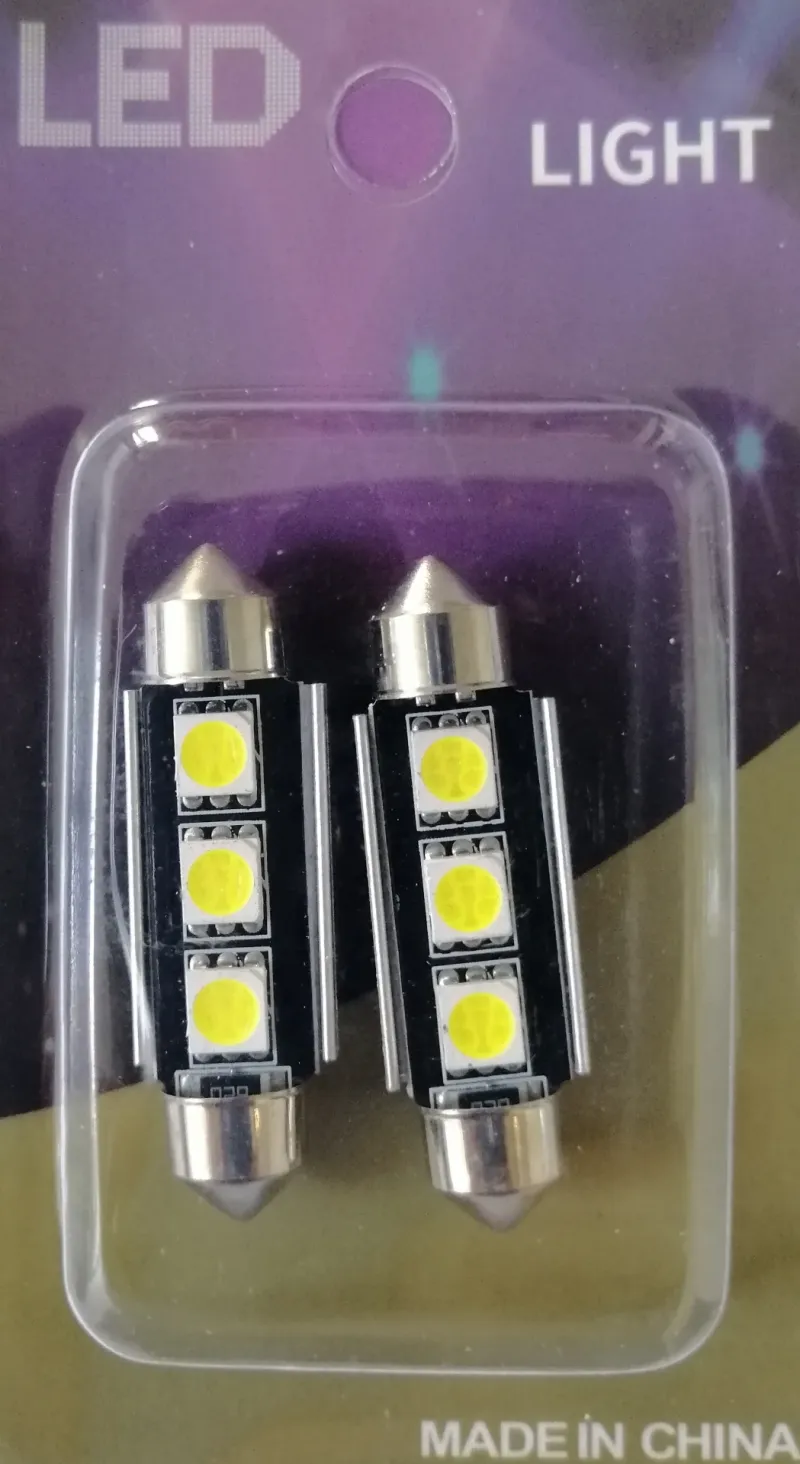 Комплект от 2 броя LED Лед Диодни Крушки 3 SMD 5050 41мм 12V Бяла Светлина Canbus Error Free Bez Грешки в блистер - 1