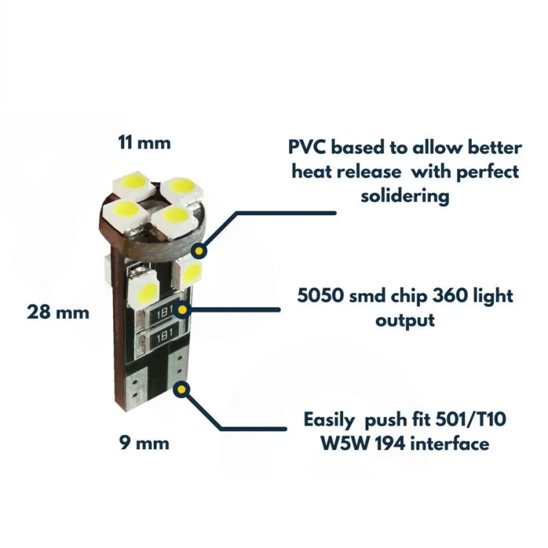 Комплкет от 2 броя LED Лед Диодни Крушки За Габарит Т10 W5W 8 SMD 12V Canbus - Error free Без грешки в Блистер - 6