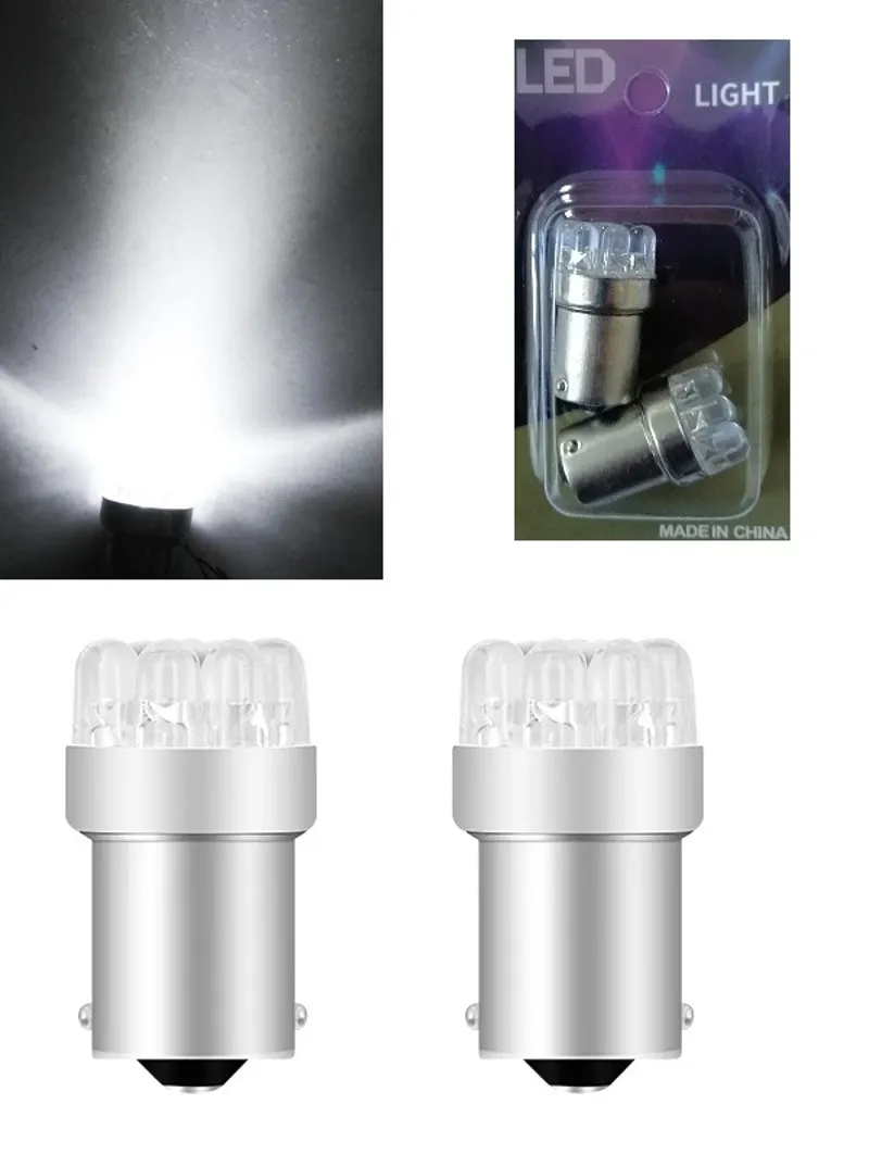 Комплект от 2 броя LED Лед Крушки за Mигач Стоп Габарит Халоген 9 LED 1156 BA15S 12V Бяла Светлина в Блистер - 1