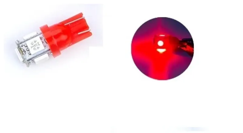 Комплект от 2 броя LED Лед Диодни Крушки За Габарит Т10 W5W 5 SMD 12V Червена светлина в блистер - 1