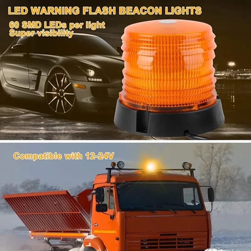 60 LED Лед Сигнална Лампа Аварийна Маяк Буркан 12V 24V С Mагнитно и Болтово Захващане - 8