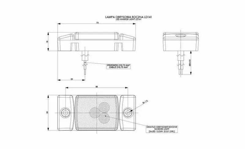 LED Светодиоден Габарит, Маркер, Токос, Червен, Е-Mark, 3 LED, 12V-24V, 7.3 см - 1