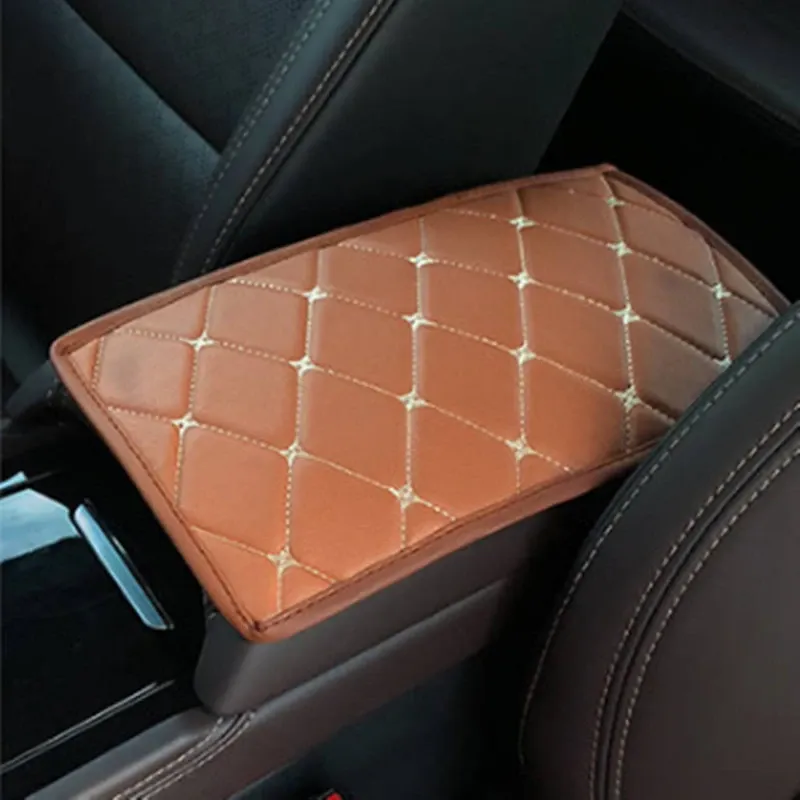 Универсален кожен калъф подложка за подлакътник на автомобил 29 cm x 17 cm кафяво с бежов шев - 0
