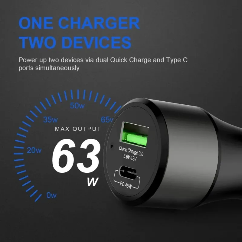Универсално USB Зарядно до 63W, Метален Корпус, 12V - 24V, USB + Type C, бързо зареждане за Автомобил, бус, джип, камион и др. - 4