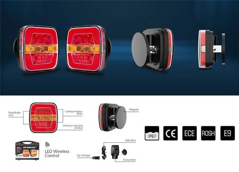 Комплект Безжични Преносими Диодни Лед Led Стопове Wireless с Магнит Неон Neon Ефект 12-24V 108mm х 102mm x 46mm E9 за Ремарке Каравана Платформа и др. - 2