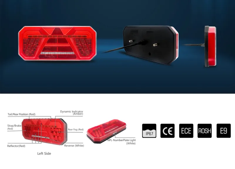 Комплект Ляв + Десен Мултифункционални Диодни LED Лед Стопове с Бягащ Мигач Неон Neon Ефект 12V 24V 305mm X 140mm X 35mm E9 За Бус Камион Тир Ремарке Караванa - 0