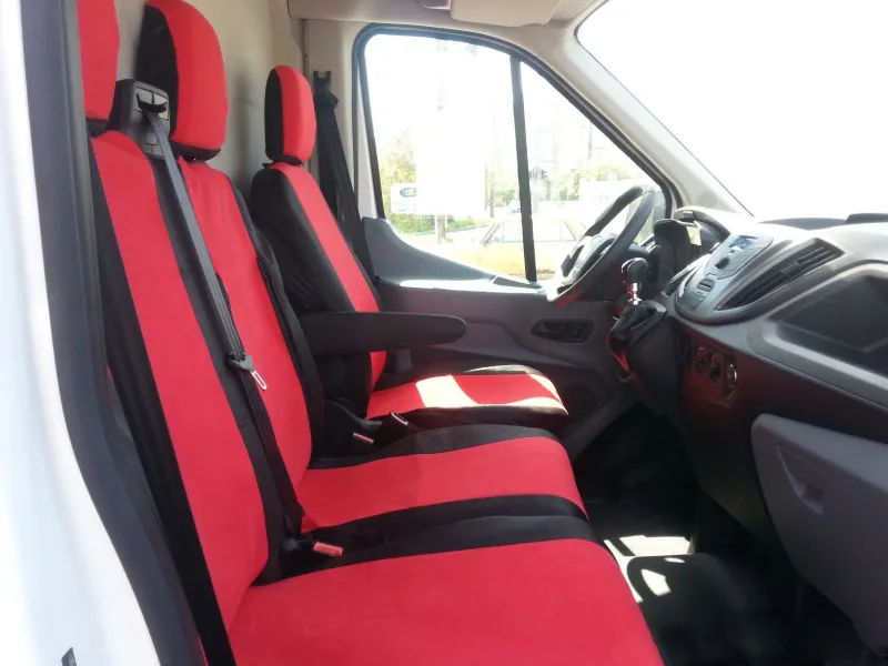 2+1 комплект калъфи / тапицерия - специално ушити за Ford Transit 2013+ - пасват перфектно - с отвор за барчето на двойната седалка - черно и червено - 0